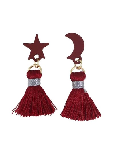 Red Color Moon Star Shape Thread Tassel Earrings
