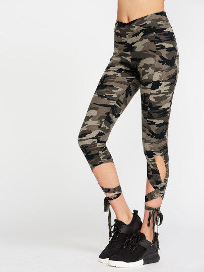 Olive Green Camo Imprimer haute taille Criss Cross Tie Leggings