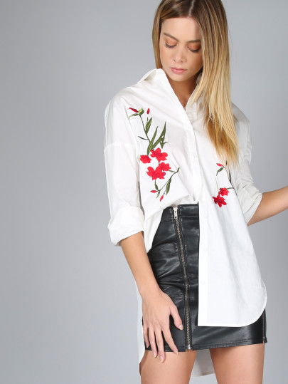 gestreifte Blume gestickte hohe niedrige Bluse