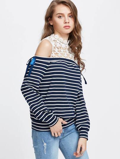 Striped Contrast Floral Lace Open Shoulder Sweatshirt