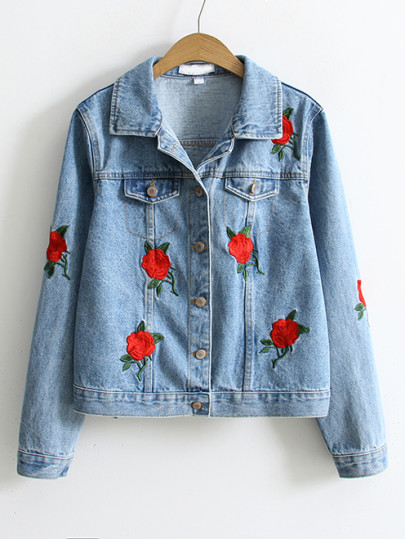 Rose Embroidery Single Breasted Denim Jacket