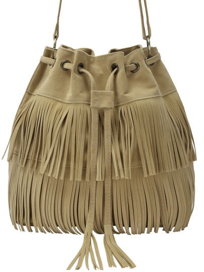 Khaki Fringe Eyelet Bag With Drawstring