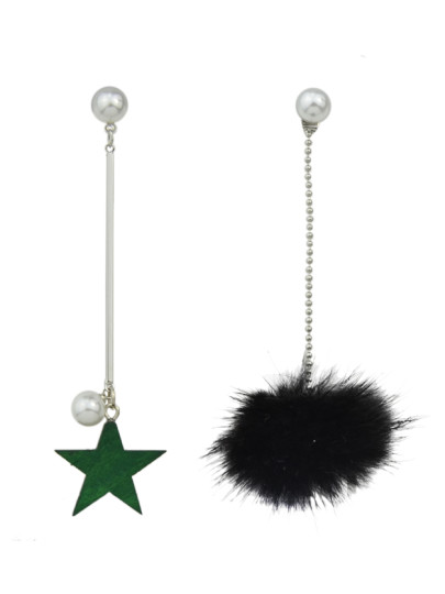 Black Color Fake Fur Ball Star Shap Long Earrings