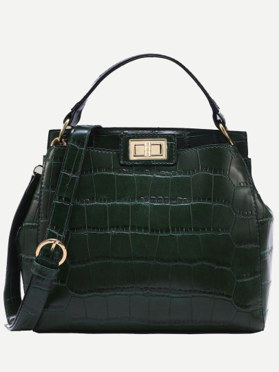 Crocodile Embossed Double Turnlock Satchel Bag