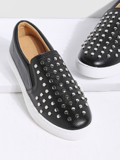 Black Faux Leather Studded Rubber Sole Flats