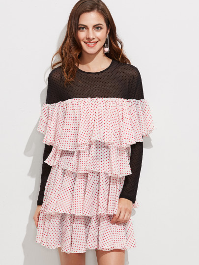 Vestido a capas de volantes a lunares con hombro de malla