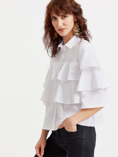 White 3/4 Sleeve Layered Ruffle Blouse
