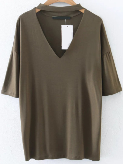 Drop Shoulder Cutout Choker Neck Tee