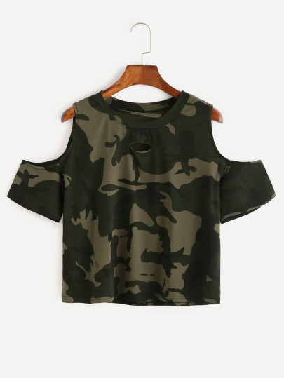 Open Shoulder Camo Print Ripped T-shirt