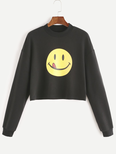 Schwarzes Emoji Druck-Tropfen-Schulter-Sweatshirt