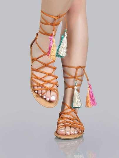 Faux Suede Tassel Sandals CAMEL