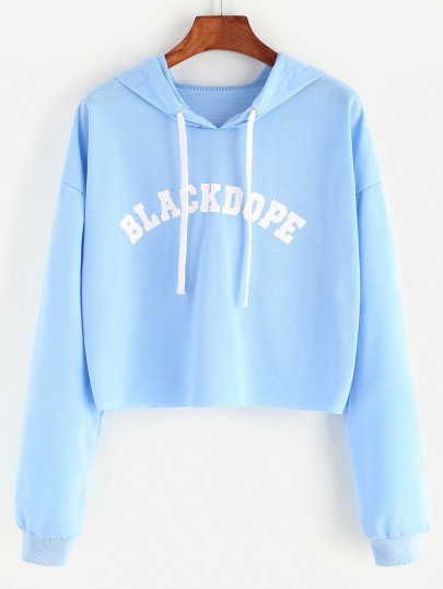Blaues Mit Kapuze Buchstabe-Druck Raw Hem Crop Sweatshirt