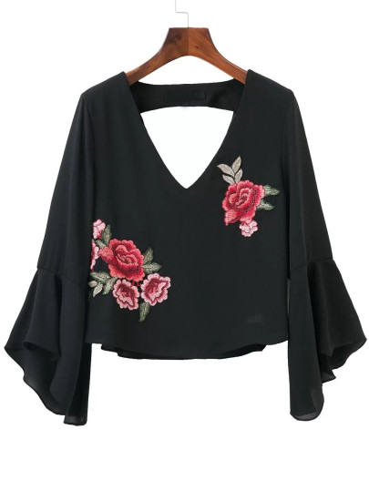 schwarze bell ärmel öffnen bluse mit blume pflaster zurück