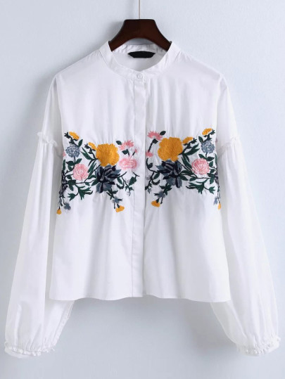 Flower Embroidery Ruffle Trim Blouse