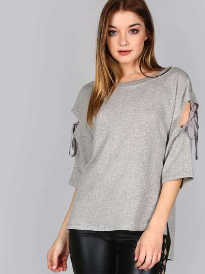 Round Neck Tie Shoulder Sweater GREY