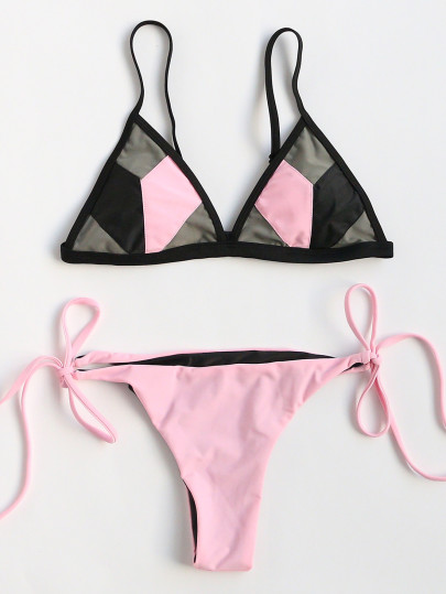 Rosa Color Block triangolo laterale Tie Bikini