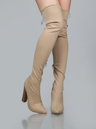 Pointy Toe Stacked Heel Thigh Boots TAUPE