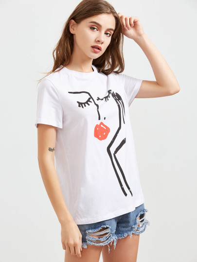 camicia di stampa con maniche corte faccia abstract - bianco