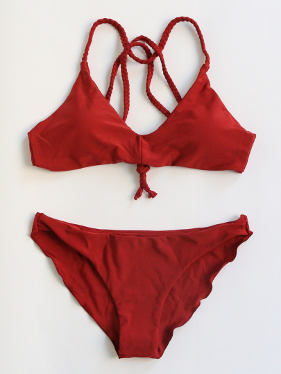 Collection de bikini tressé avec sangle croisé au dos -bordeaux rouge