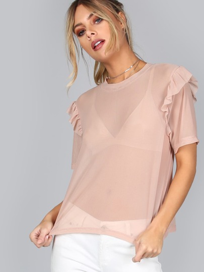 Mesh Ruffle Trim Tee NUDE