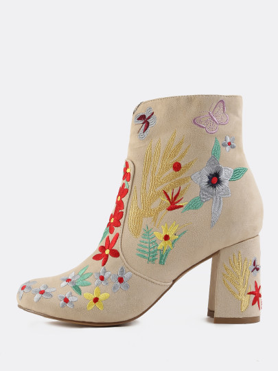 Faux Suede Floral Ankle Boots NUDE