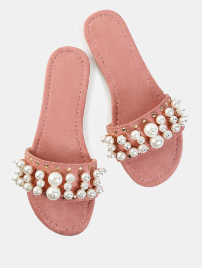 Pastel Faux Suede Pearl Slide Sandals DUSTY PINK