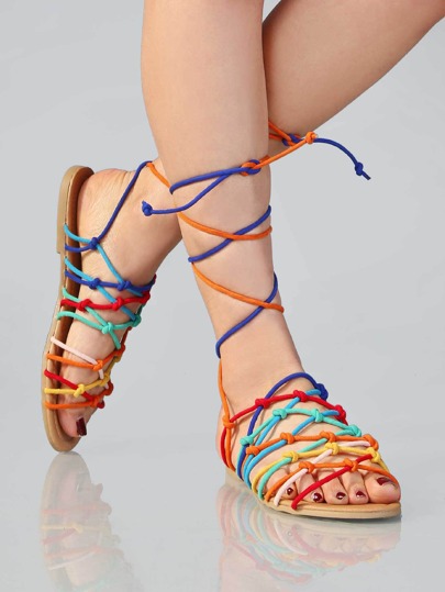 Rainbow Knotted Lace Up Sandals MULTI