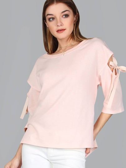 Crew Neck Tie Sleeve Sweater PINK