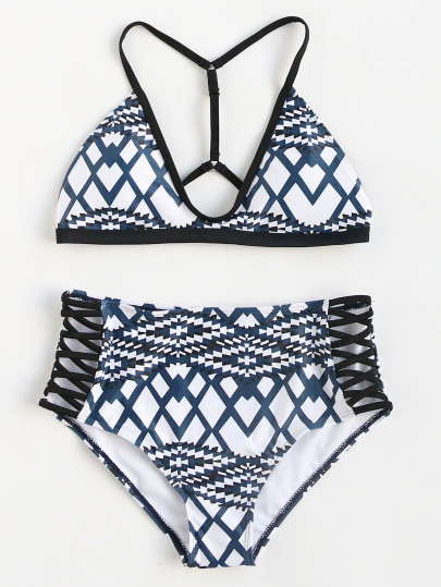 Геометрическая печати Criss Cross высокой талией бикини Set