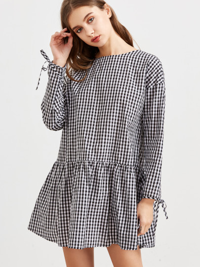 Robe manches en dentelle avec bordure volantée - blanc noir