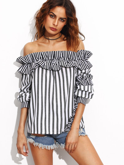 Off Shoulder Striped Frill Trim Top