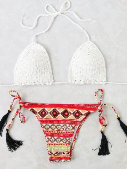 Collection de bikini tricot imprimé cravate latérale avec gland