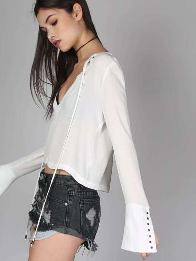 Eyelet Bell Sleeved Crop Top WHITE