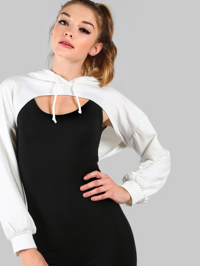 Open Bust High Low Cropped Hoodie WHITE
