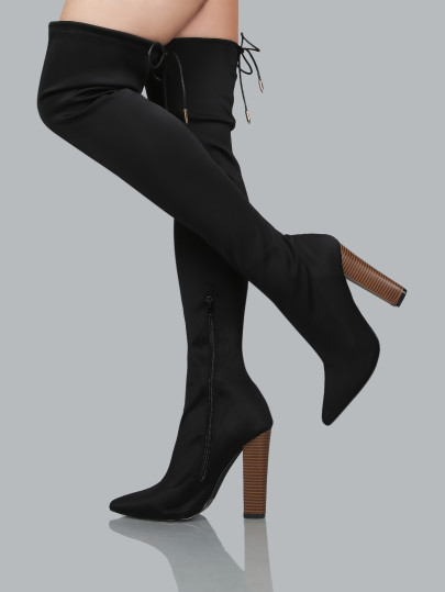 Fitted Pointed Toe Stacked Thigh Boots BLACK