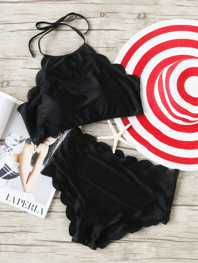 Scalloped Trim Halter High Waist Bikini Set