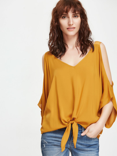 Mustard Open Shoulder V Neck Knot Front Blouse