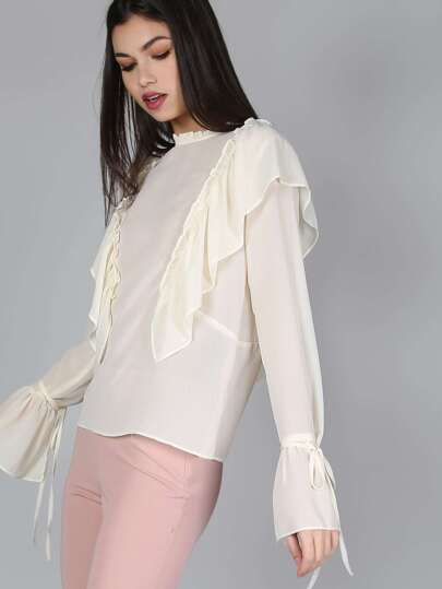 Sheer Bell Sleeve Ruffle Top CREAM
