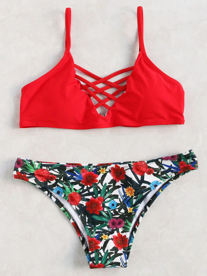 Sets de bikini con estampado floral cruzados - rojo