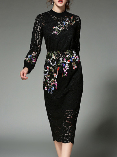 Black Flowers Embroidered Lace Sheath Dress