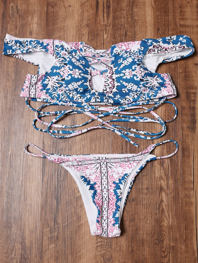 Племенной печати с плеча Criss Cross бикини Set