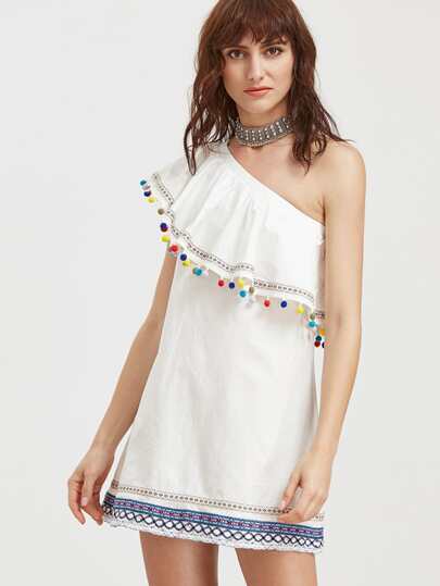 Embroidered Tape And Pom Pom Detail One Shoulder Dress