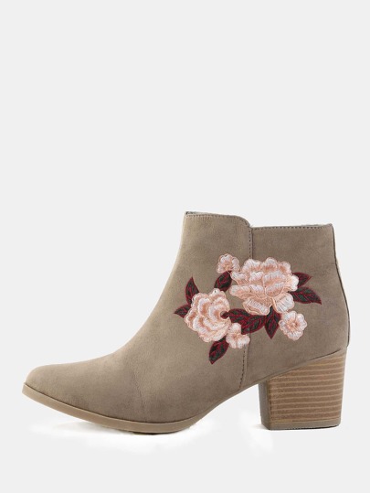 Stacked Heel Floral Embroidered Booties TAUPE