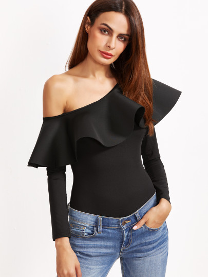 Negro Oblique Hombro Ruffle Trim Bodysuit