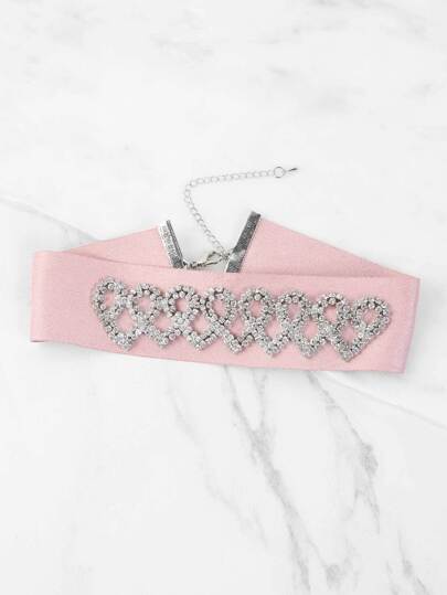 Thick Faux Suede Jewel Hearts Choker PINK