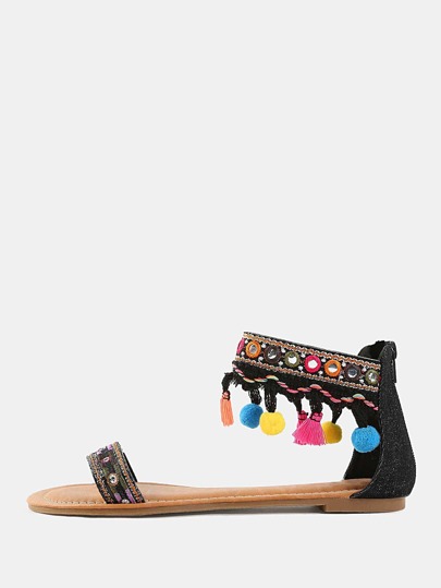 Embroidered Tassel Pom Pom Sandals BLACK