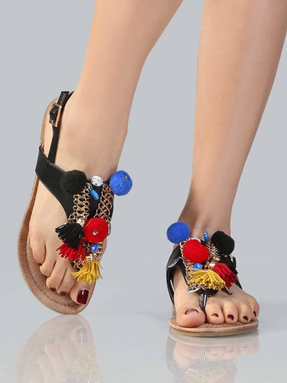 Pom Pom Chain Thong Sandals BLACK