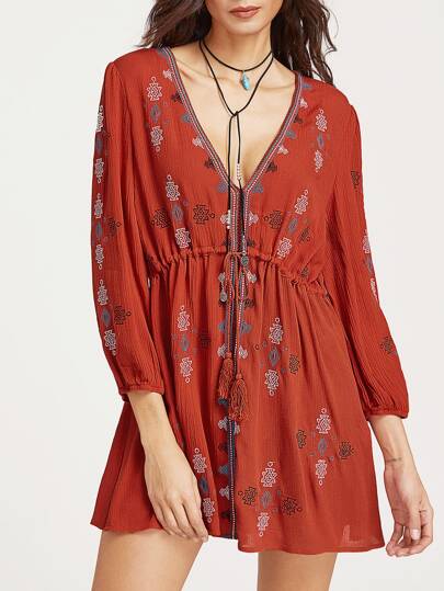 Vestido con cuello en V cintura con cordón con bordado - naranja