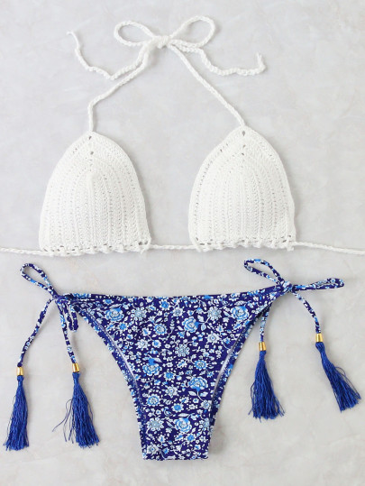 Bianco con stampa floreale Knit Bikini Con nappa