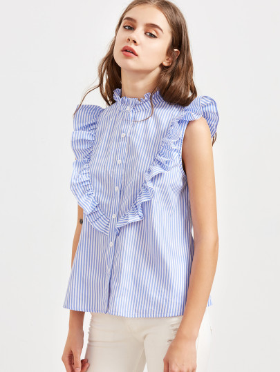 Blusa sin mangas de rayas con detalle de volantes - azul